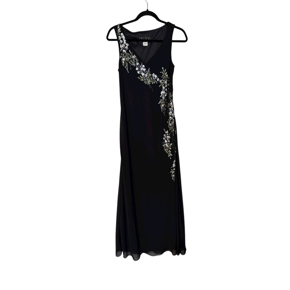 Alex Evenings Y2K Dress Size 8 Black sequin y2k Neck Floral Formal Long sheath